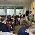 Author Percival Everett addresses questions from an audience of students and staff.