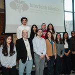 Organizers of the conference pose on Saturday, February 14. Front row from left: Iqra Arif, Rev. Michael Burch, Professor Daniel Stolz, Talia Ivry, Khadijah Dhoondia, Naureen Kamal, Ilhan Mohamed. Back row from left: Bilal Khraisat, Suha Muqeet, Salma Ibrahim, Alyshba Sharwani.