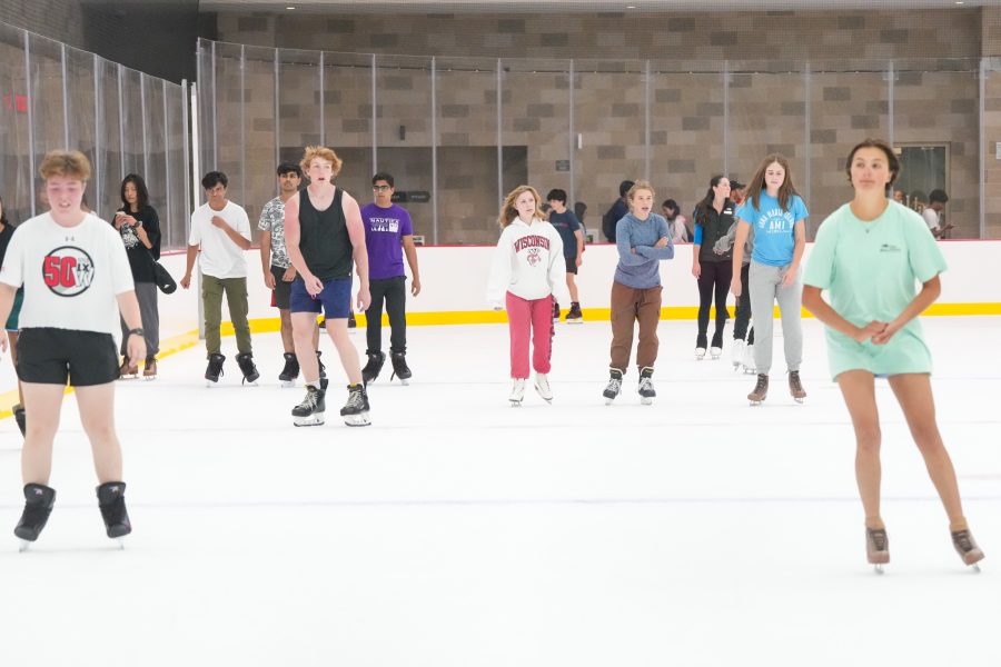 Students ice skating at the Bakke Ice Rink